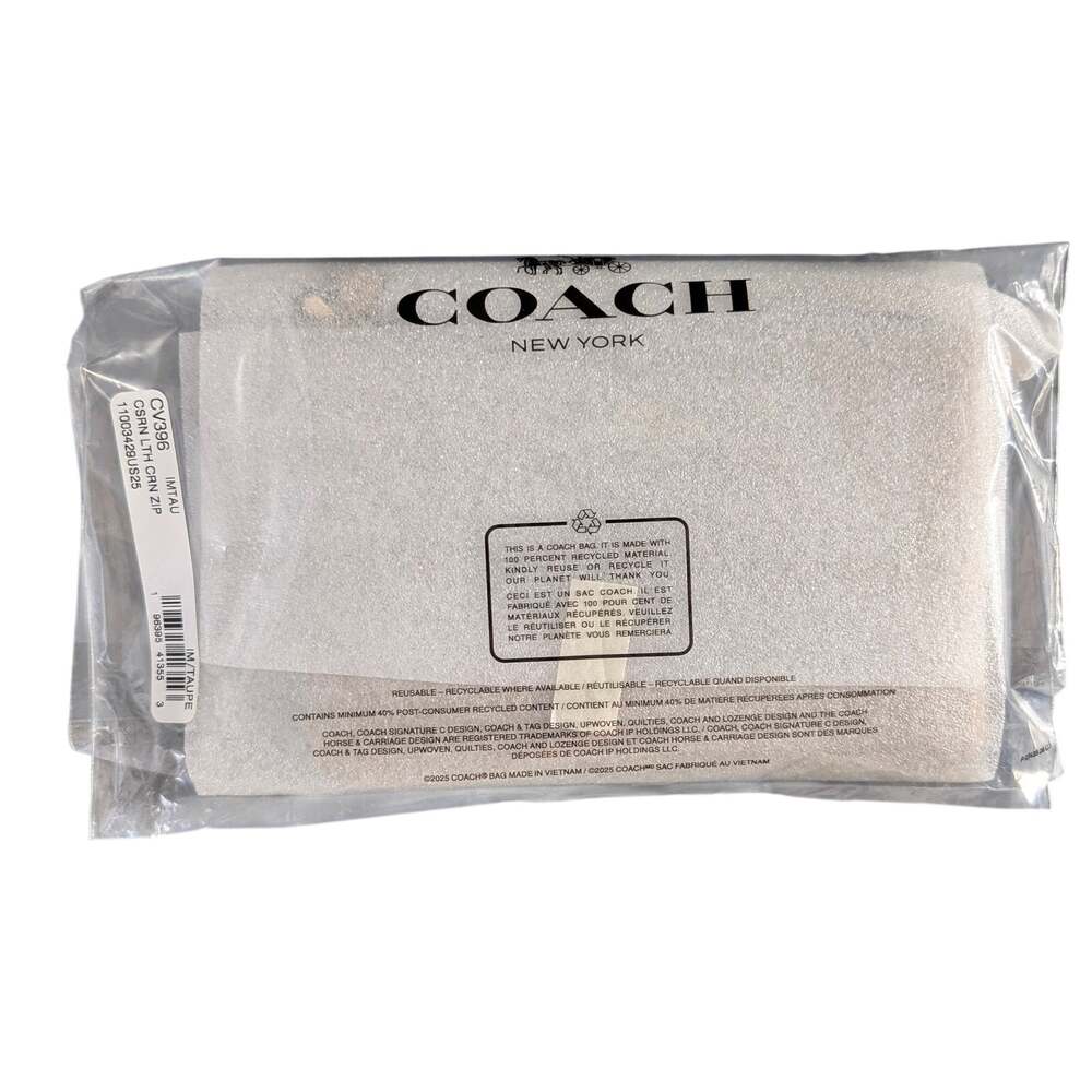 NWT Coach Corner Zip Wristlet Taupe Crossgrain Leather Wallet Gold CV396 $75